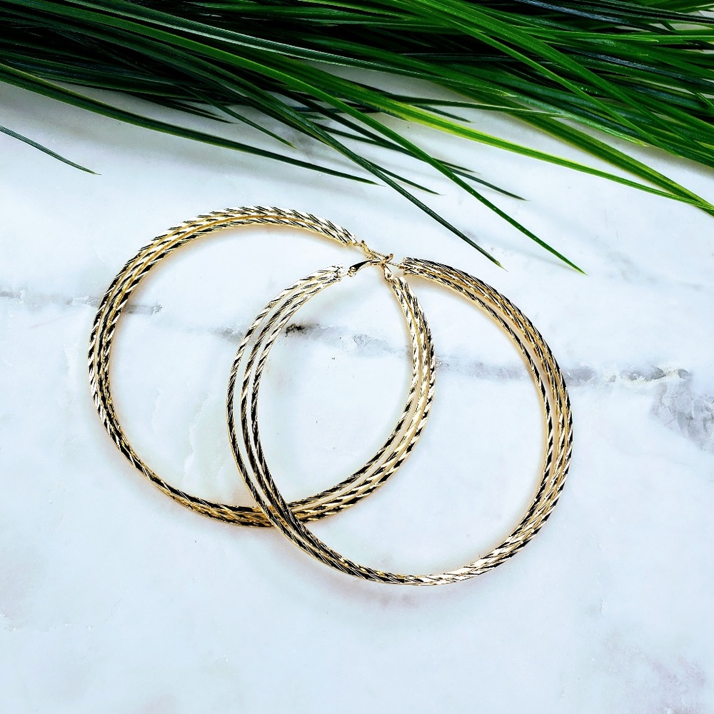 5 for $25 Gold Color Extra Large Triple Hoops - Picture 3 of 5
